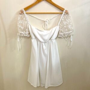Lucy in the Sky White Mini Dress with Sheer Floral Sleeves
